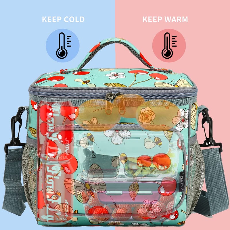 FlowFly Insulated Reusable Lunch Bag Adult Large Lunch Box for Women and Men with Adjustable Shoulder Strap,Front Zipper Pocket and Dual Large Mesh Side Pockets,Cherry - Image 2